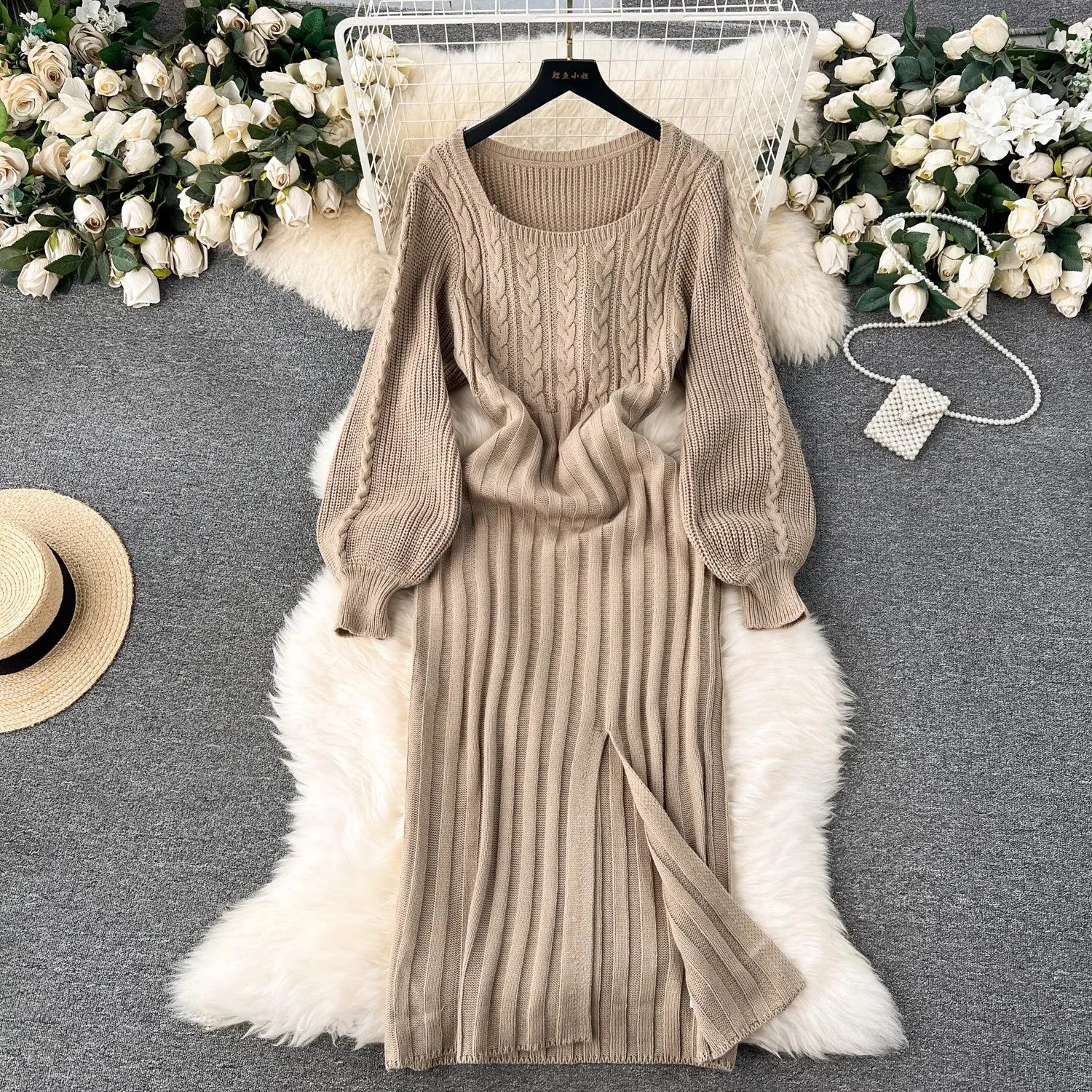 Sweater Dress Women's High-Quality Square Neck Puff Sleeve Knitted Skirt      S4615