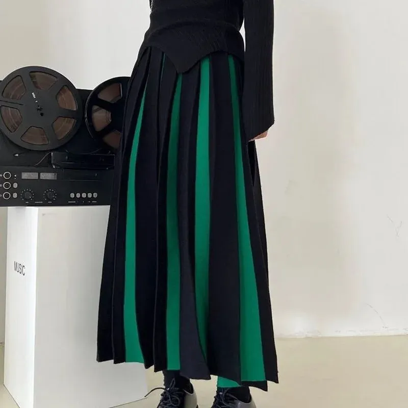 Toleet-Patchwork Knitted Long Skirt Women 2024 Spring High Waist Pleated Skirt Woman Chic Striped Mixed Color Midi Skirts Mujer