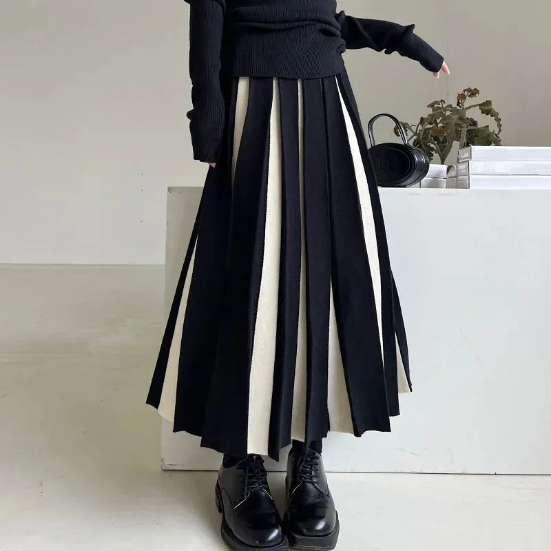 Toleet-Patchwork Knitted Long Skirt Women 2024 Spring High Waist Pleated Skirt Woman Chic Striped Mixed Color Midi Skirts Mujer