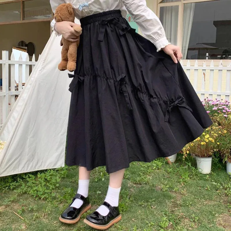 Toleet-Summer Kawaii Bow Midi Skirts Women Korean Style High Waist A Line Skirt Woman Solid Color Loose Jk Long Skirt Female