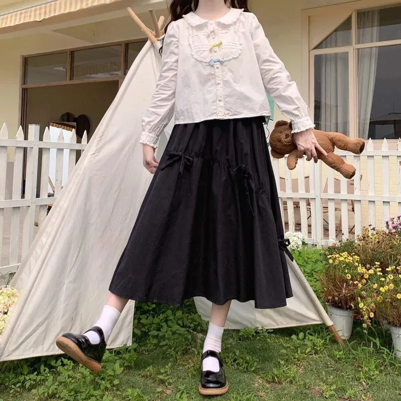 Toleet-Summer Kawaii Bow Midi Skirts Women Korean Style High Waist A Line Skirt Woman Solid Color Loose Jk Long Skirt Female