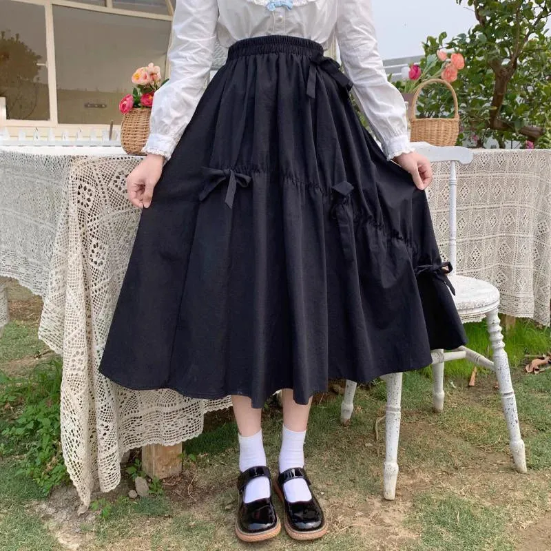 Toleet-Summer Kawaii Bow Midi Skirts Women Korean Style High Waist A Line Skirt Woman Solid Color Loose Jk Long Skirt Female