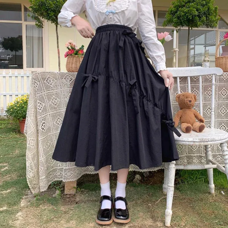 Toleet-Summer Kawaii Bow Midi Skirts Women Korean Style High Waist A Line Skirt Woman Solid Color Loose Jk Long Skirt Female