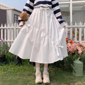 Toleet-Summer Kawaii Bow Midi Skirts Women Korean Style High Waist A Line Skirt Woman Solid Color Loose Jk Long Skirt Female