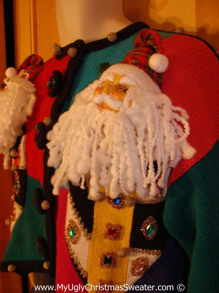 Ugly Christmas Sweater Party 80s Holy Grail of Ugly Sweater with 3D Santas and Bling Gem Accents (x9)