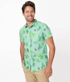 Unique Vintage Mint Cactus Print Mens Shirt