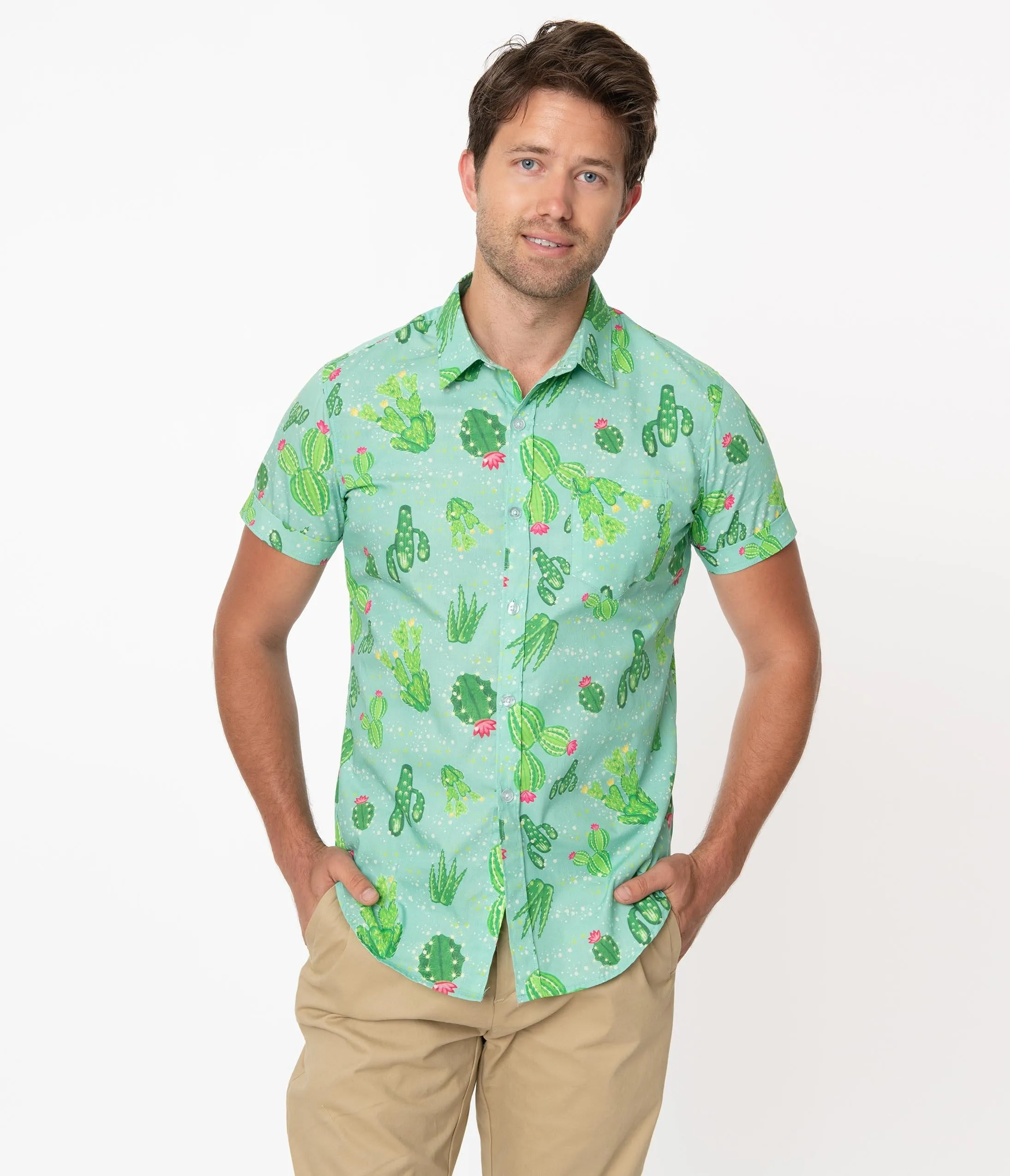 Unique Vintage Mint Cactus Print Mens Shirt