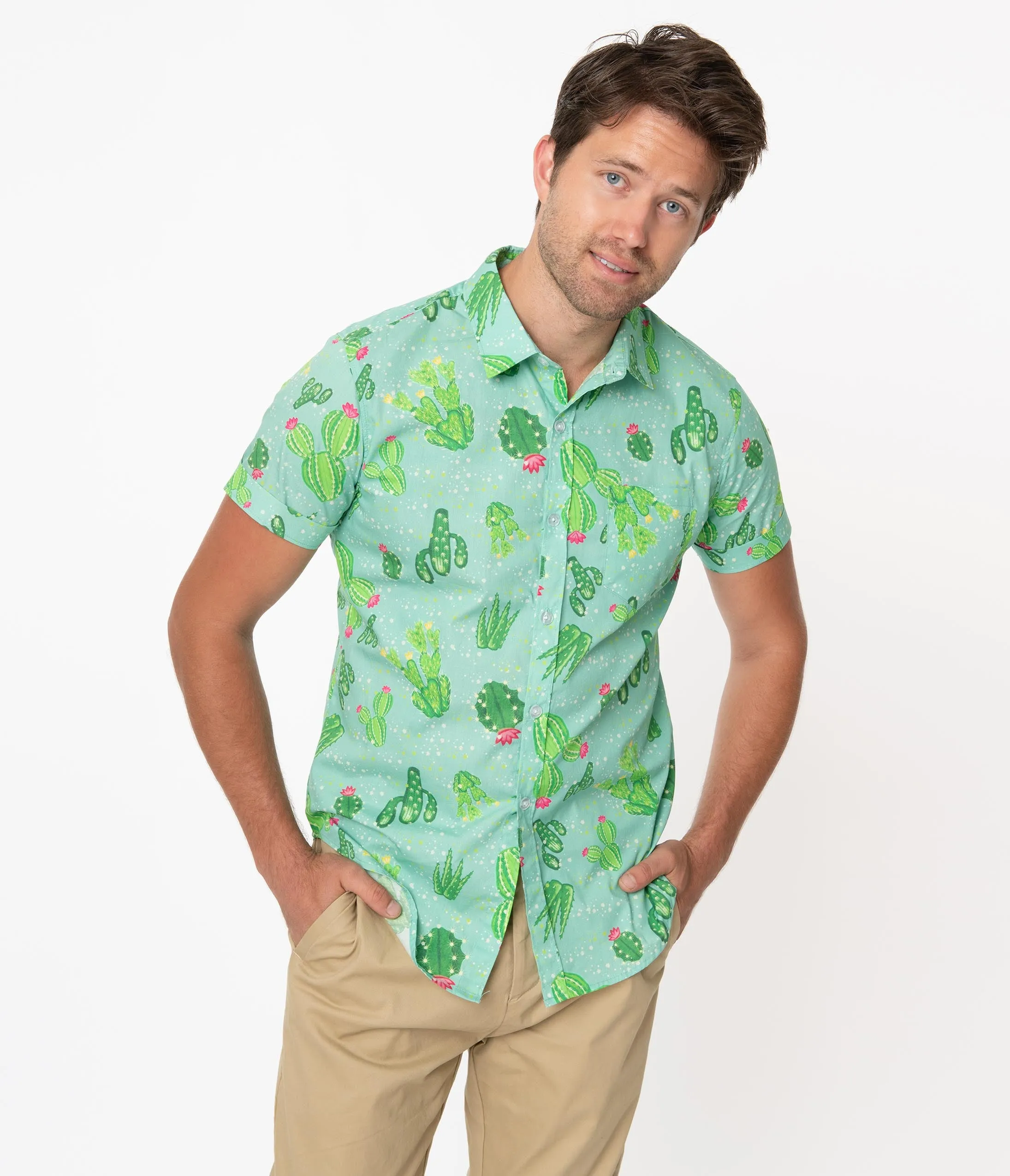 Unique Vintage Mint Cactus Print Mens Shirt