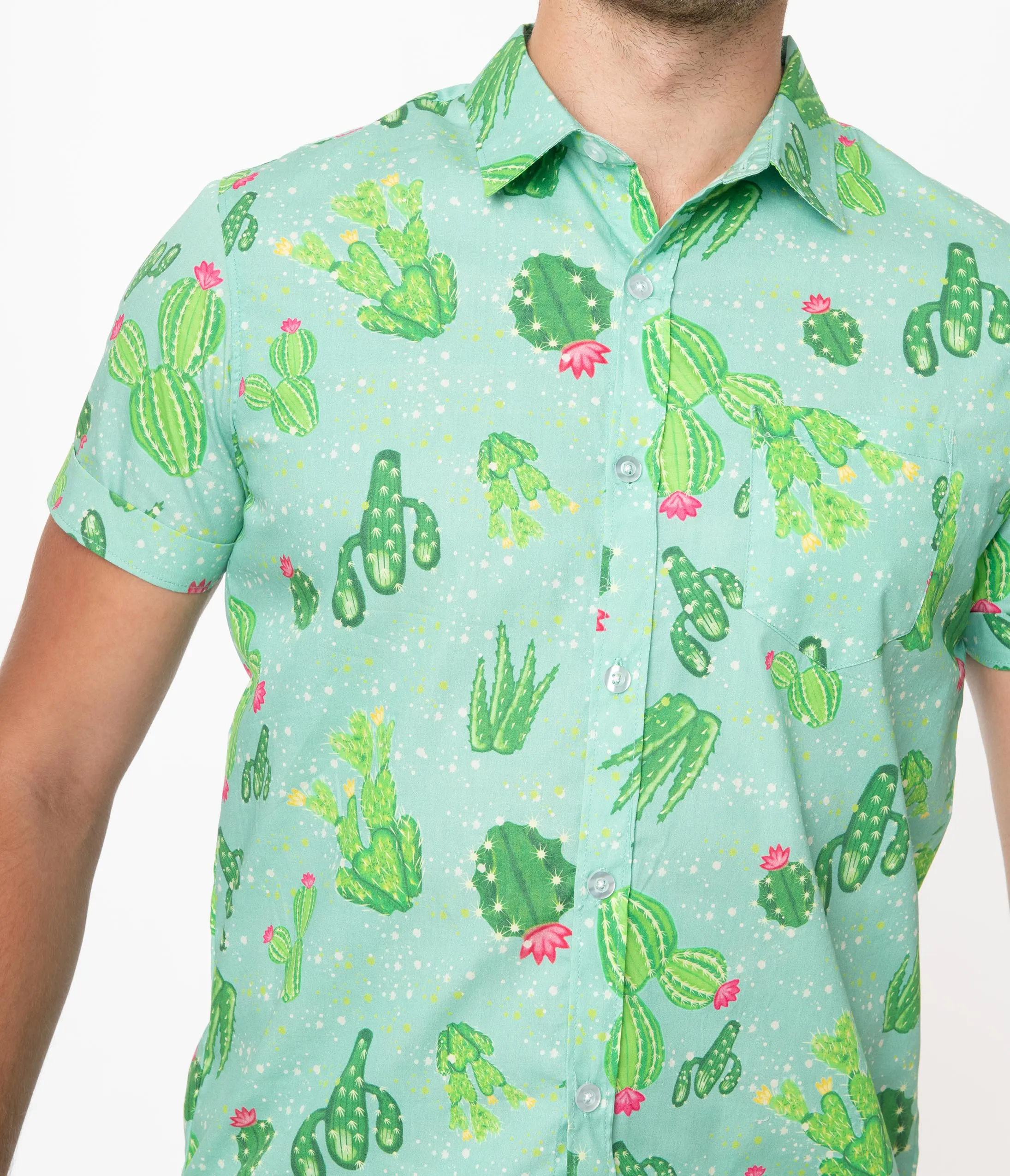 Unique Vintage Mint Cactus Print Mens Shirt