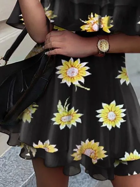 V-Neck Sunflower Print Off The Shoulder Ruffle Dress