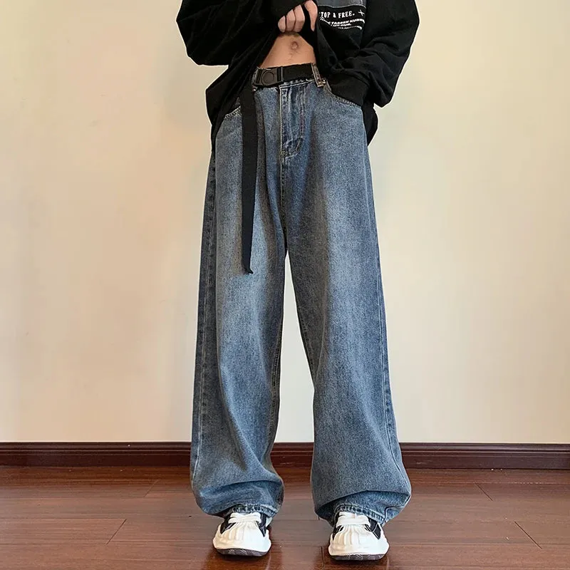 Wiaofellas  -  Autumn New Blue Solid Simple Jeans With Belt Male Casual Mopping Denim Pants Men Oversized Zipper Wide Leg Jean Pants