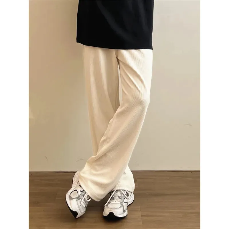 Wiaofellas  -  Black Beige Casual Pants Men Fashion Knitted Pants Men Streetwear Korean Loose Wide Leg Pants Mens Knitting Trousers M-2XL