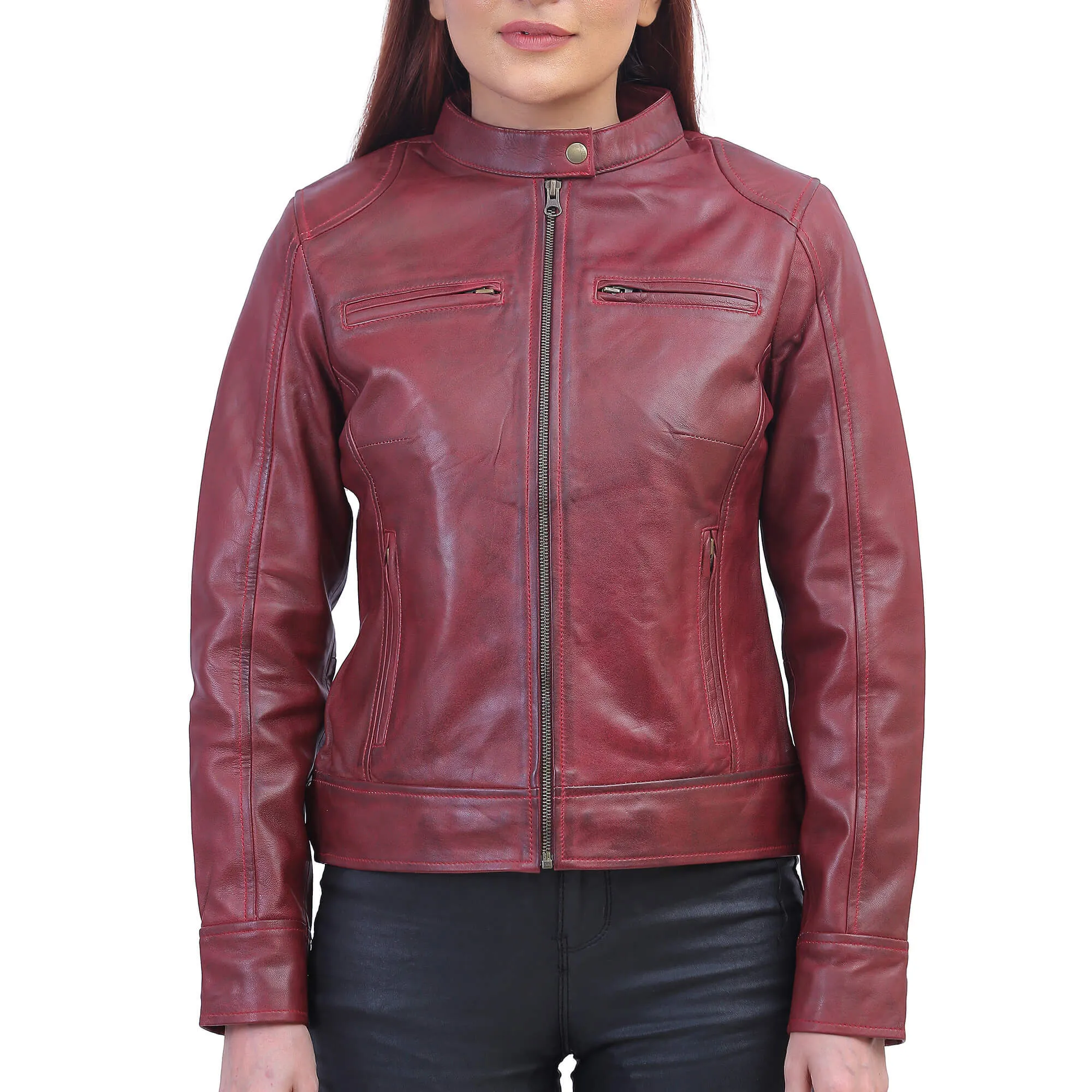 Woman Maroon Biker Jacket