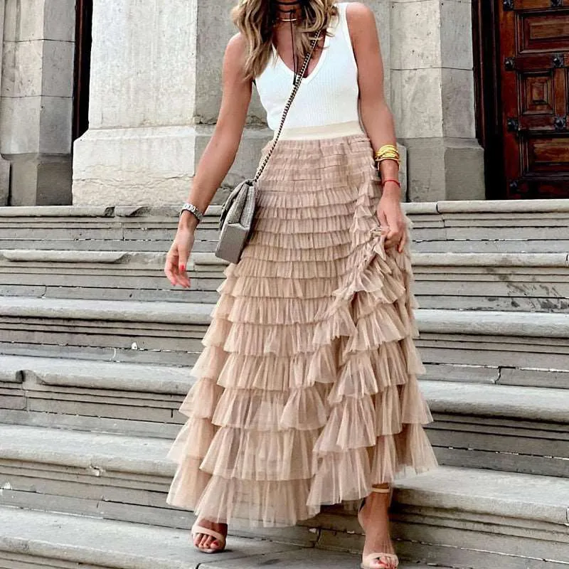 Women's Long Mesh Layered Ruffles A-Line Swing Skirt