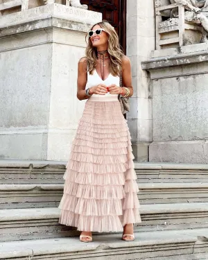 Women's Long Mesh Layered Ruffles A-Line Swing Skirt